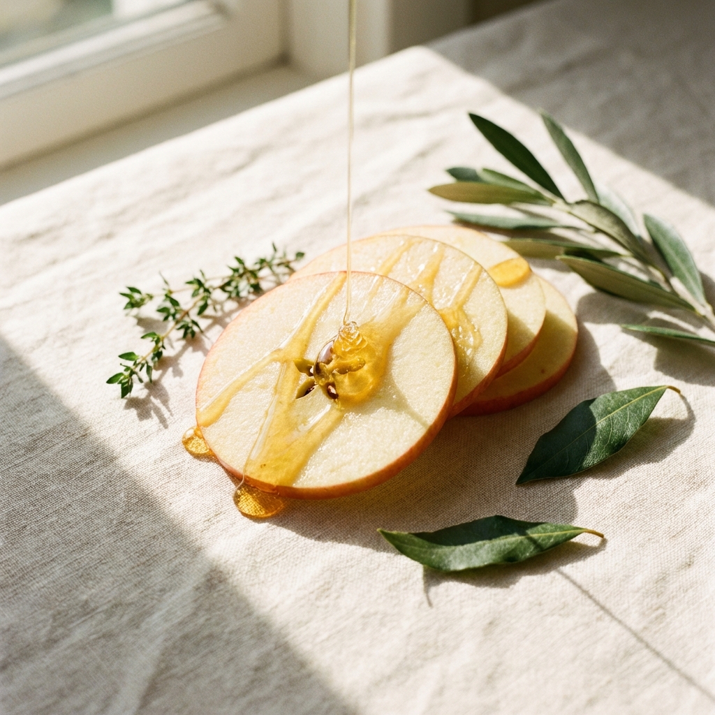 りんごと蜜のスティルライフ（清潔感のある表現）