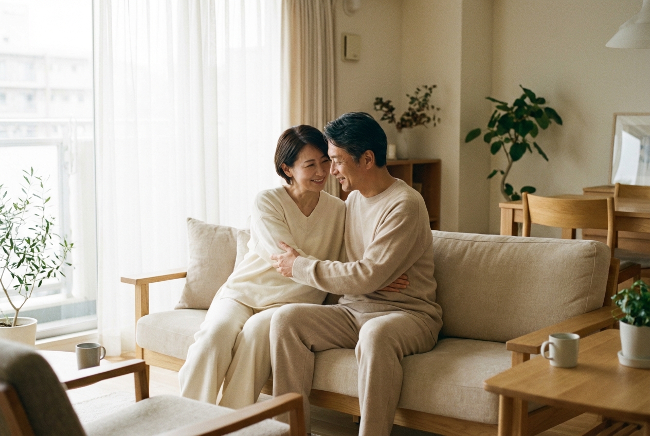 落ち着いた日常の中で寄り添う中高年の男女（イメージ）